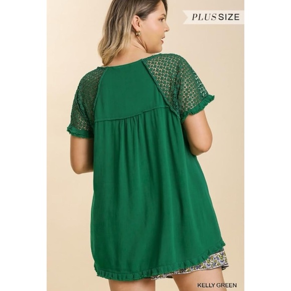 Umgee Green Floral Crochet Fringe Top XL - Picture 2 of 7